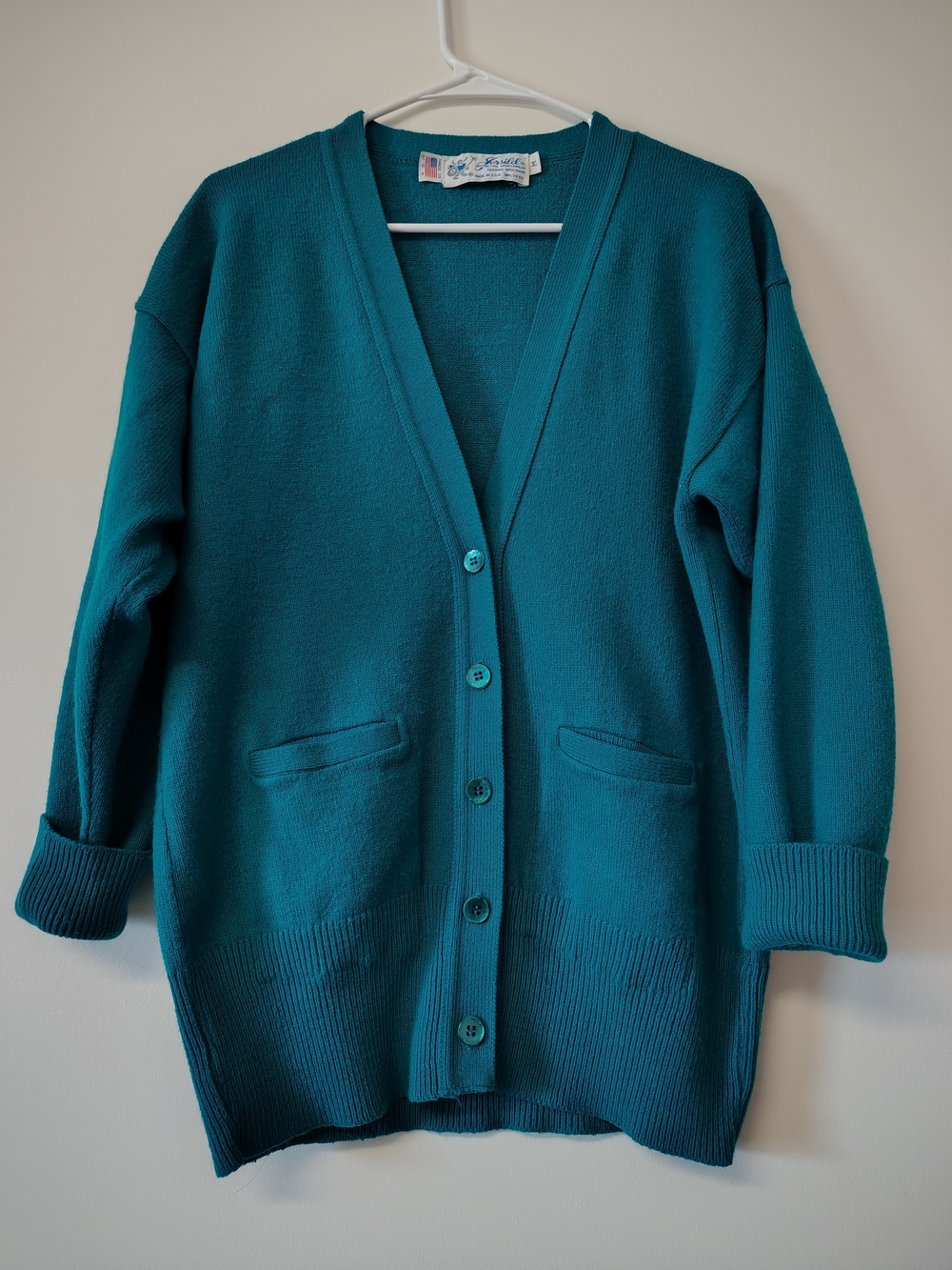 VTG Teal V-Neck Button Front Cardigan Sweater Made In USA Wool Blend